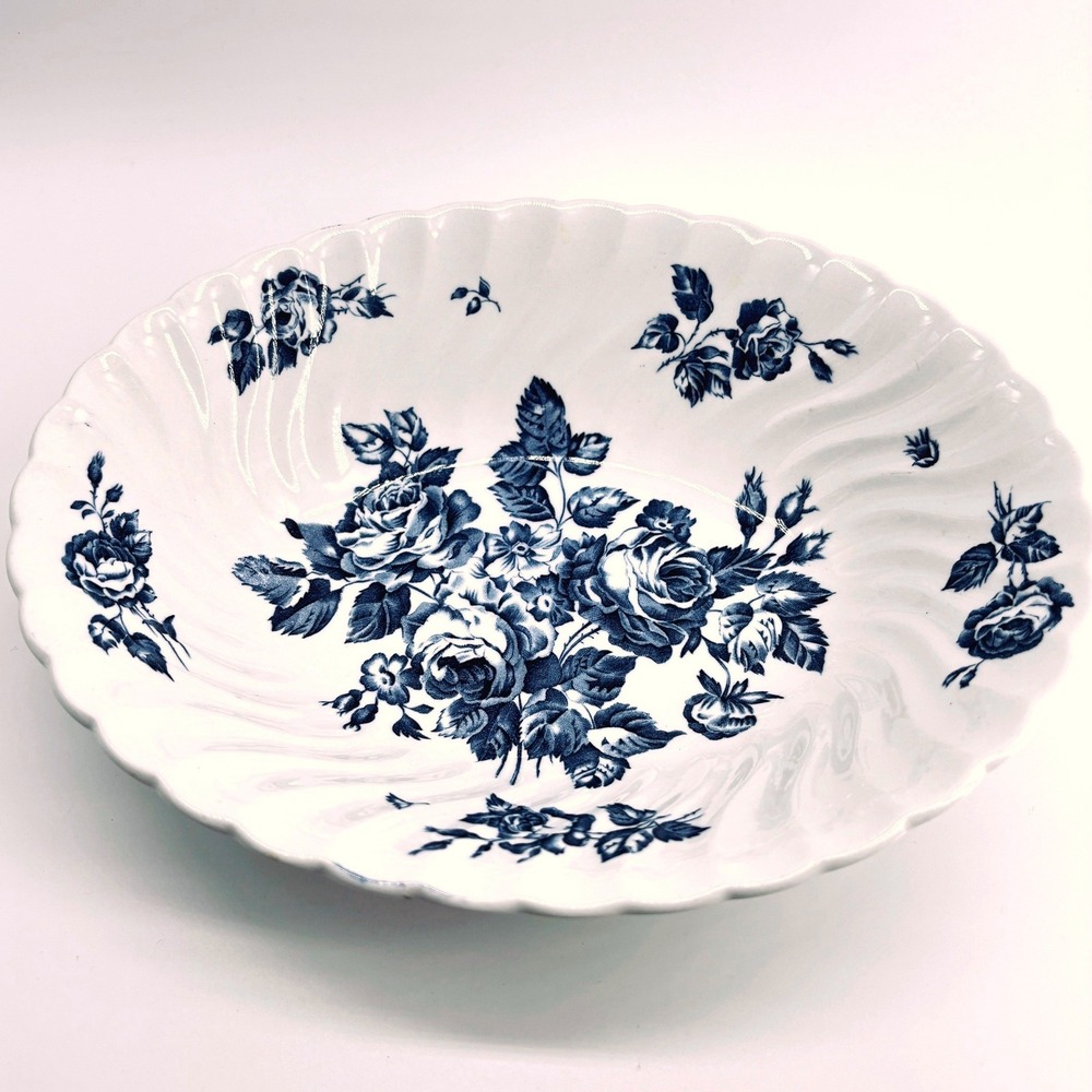 Johnson Bros Devon Sprays Oval Vegetable Bowl Blue White Swirl Scalloped England